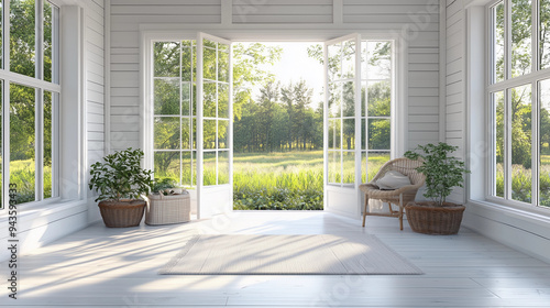 Simple sunroom open French doors nature view modern airy white interior greenery minimal design relaxing space natural light inviting peaceful fresh open layout cozy summer lounge enclosed veranda lux