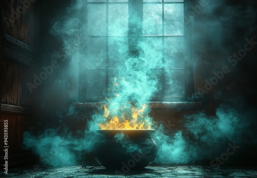 Halloween cauldron bubbling with green smoke in a dark room, perfect for spooky party invitations and decorations with copy space.