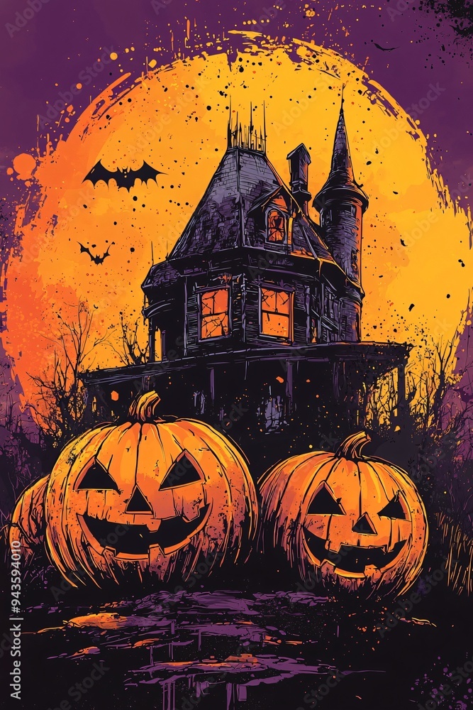 Fototapeta premium Halloween themed graphic featuring a haunted house with pumpkin heads against a violet background, ideal for t-shirt designs and party invitations with copy space.