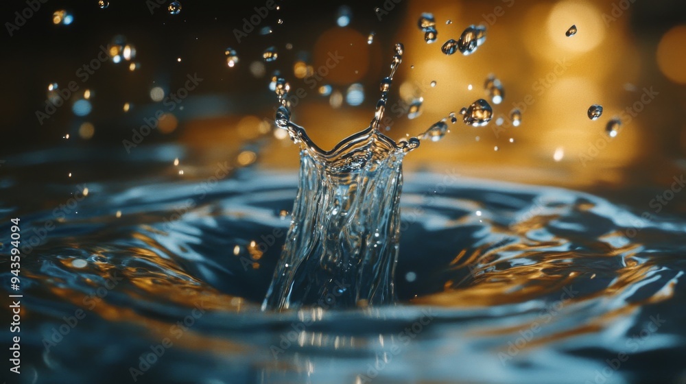 A high-speed capture of a water droplet splashing into a pool of water ...