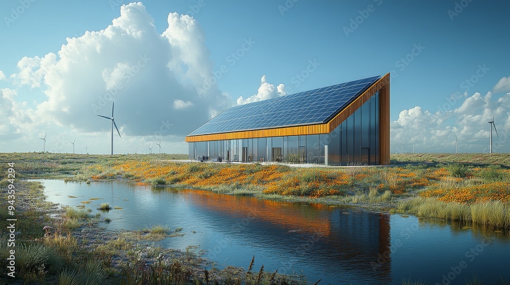 A modern hybrid power plant utilizes wind and solar energy, surrounded by blooming wildflowers and a tranquil water body. A modern hybrid power plant utilizes wind and solar energy, surrounded by blooming wildflowers and a tranquil water body.