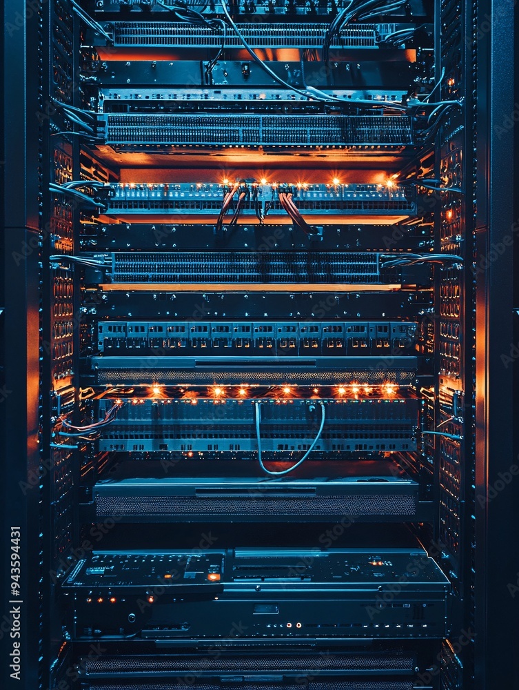 Obraz premium A computer server room with many wires and cables