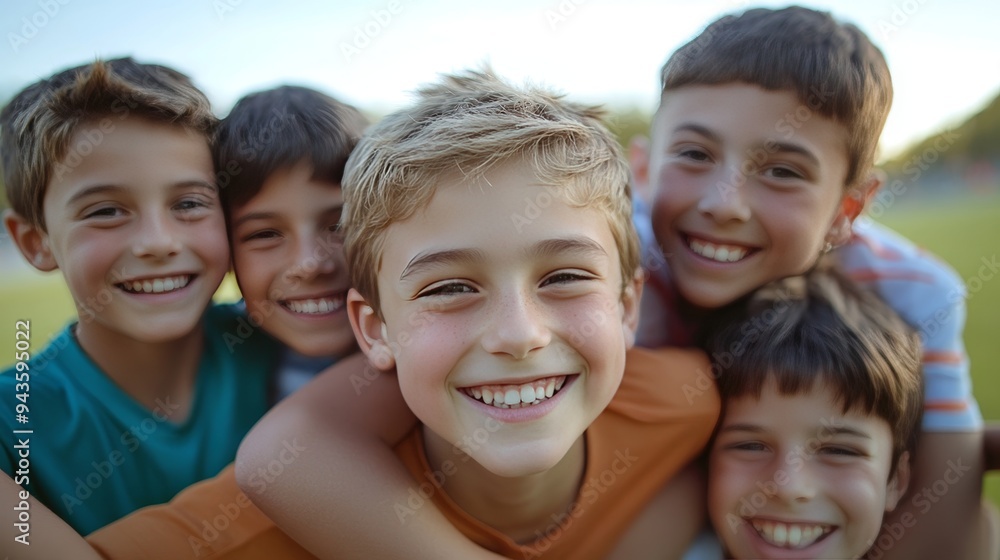 Joyful children engaged in sports huddle, smiling at the camera on an outdoor field Joyful children engaged in sports huddle, smiling at the camera on an outdoor field