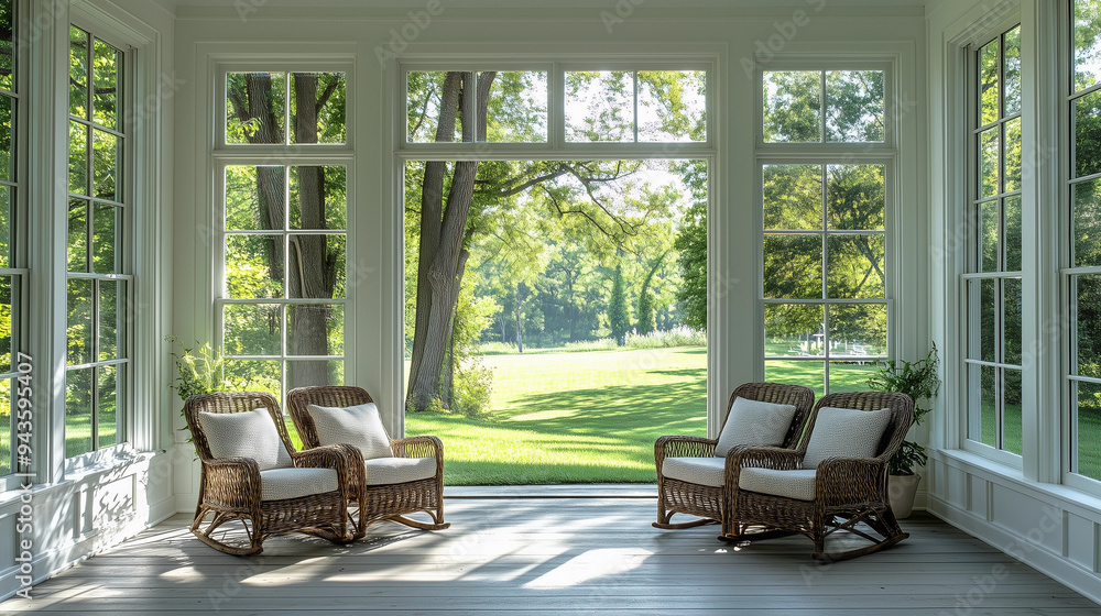 Bright sunroom with large windows overlooking green lawn wicker chairs with cushions cozy sitting area natural light peaceful ambiance elegant retreat garden view relaxing indoor outdoor connection Bright sunroom with large windows overlooking green lawn wicker chairs with cushions cozy sitting area natural light peaceful ambiance elegant retreat garden view relaxing indoor outdoor connection
