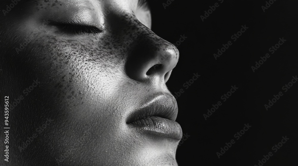 A profile view of a person face with closed eyes, highlighting the contours and features of the face, evoking a sense of calm and introspection. A profile view of a person face with closed eyes, highlighting the contours and features of the face, evoking a sense of calm and introspection.