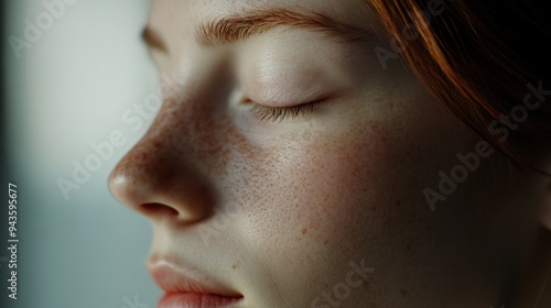 A profile view of a person face with closed eyes, highlighting the contours and features of the face, evoking a sense of calm and introspection.