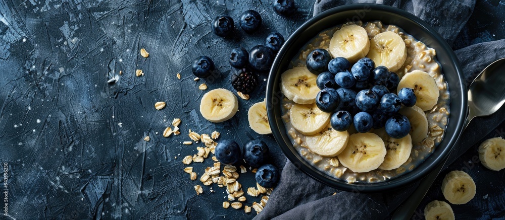 Top down view of a healthy oatmeal bowl adorned with blueberries and banana slices accompanied by additional fruits Ample space for text on the image Top down view of a healthy oatmeal bowl adorned with blueberries and banana slices accompanied by additional fruits Ample space for text on the image