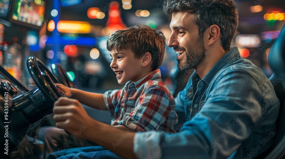 Obraz premium Father and son bonding over car racing game at entertainment zone a joyful family moment