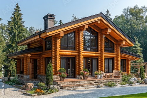 Beautiful wooden log cabin surrounded by forest on sunny summer day