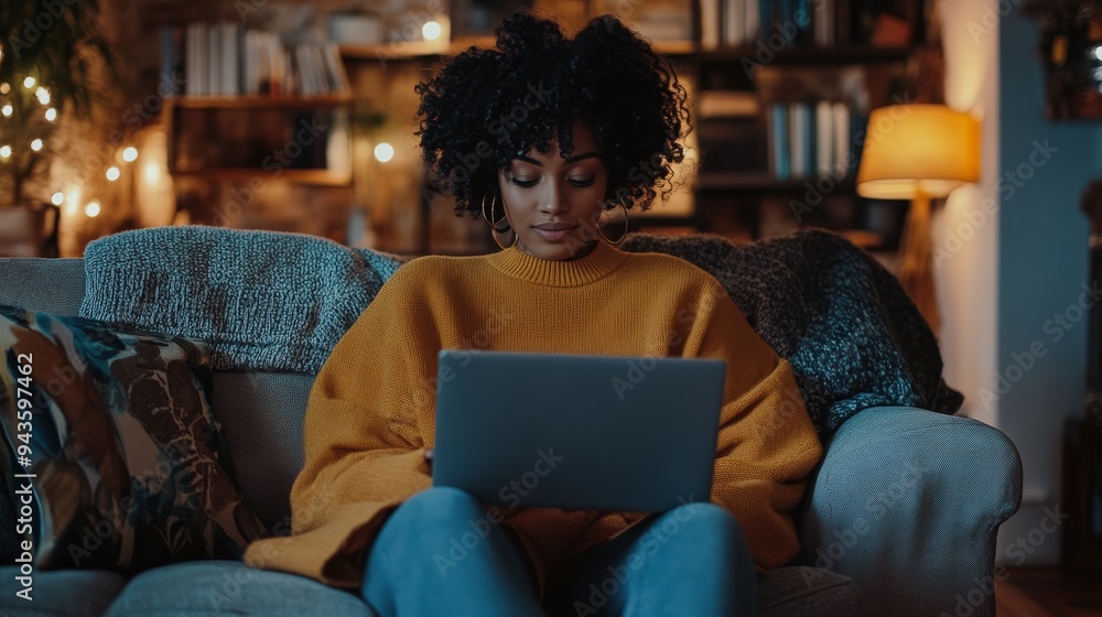 Relaxing woman on couch in cozy living room, shopping online using her laptop comfortably Relaxing woman on couch in cozy living room, shopping online using her laptop comfortably