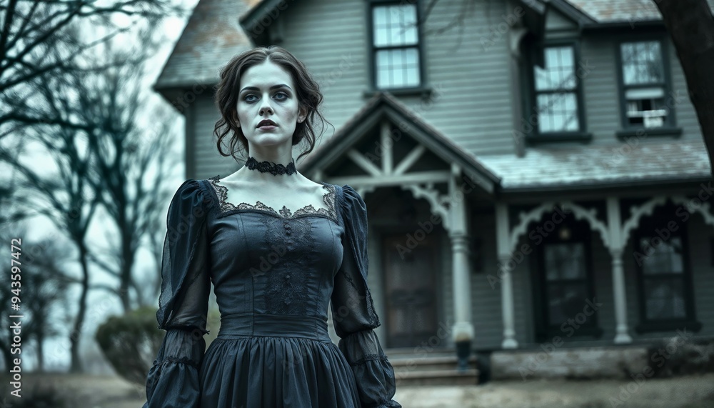 A woman in a black dress stands in front of a haunted house A woman in a black dress stands in front of a haunted house