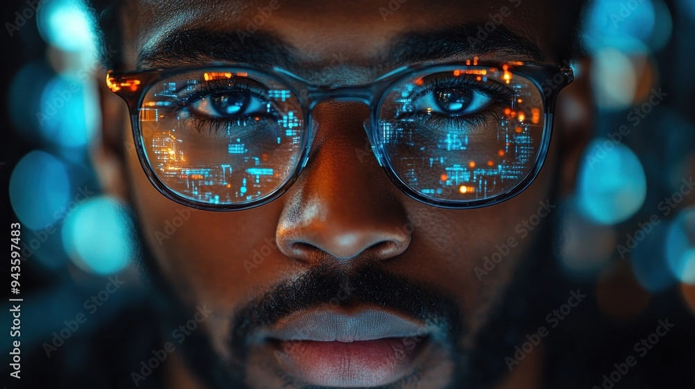 Person in glasses looking at bokeh lights background Person in glasses looking at bokeh lights background