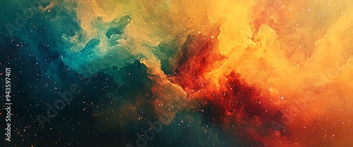 Abstract nebula with teal, orange, and red clouds in deep space.