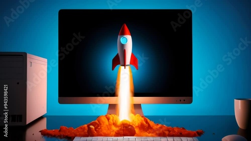 Toy rocket taking off from a laptop screen, startup and technology concept.