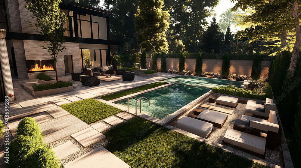 A modern villa landscape design featuring a pool, play area, multi-floor textures, grass, various seating areas, a fireplace, and a fountain. A modern villa landscape design featuring a pool, play area, multi-floor textures, grass, various seating areas, a fireplace, and a fountain.