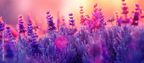 Vivid lavender flowers in full bloom on a field with copy space image