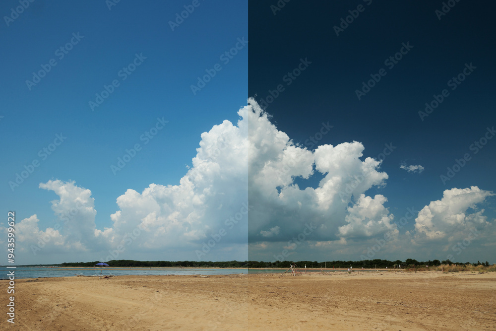 differenza tra immagine polarizzata e non. ampia vista panoramica che mostra lo stesso ambiente naturale di mare, di giorno, in estate, senza e con il filtro polarizzatore