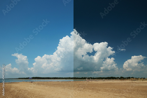 Obraz na płótnie differenza tra immagine polarizzata e non. ampia vista panoramica che mostra lo stesso ambiente naturale di mare, di giorno, in estate, senza e con il filtro polarizzatore w salonie