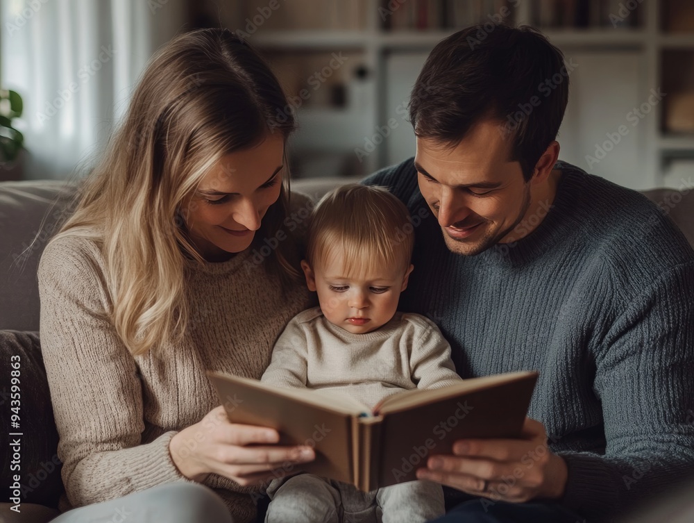 Warm family moment parents sharing a storybook with their child in a cozy living room setting Warm family moment parents sharing a storybook with their child in a cozy living room setting
