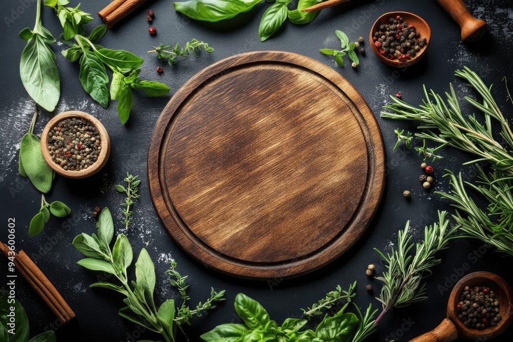 Empty wooden round board on dark background with herbs and spices