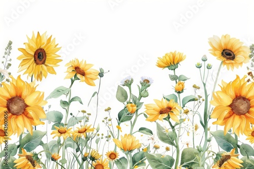 Beautiful botanical illustrations with yellow sunflowers, summer flowers illustration on white background