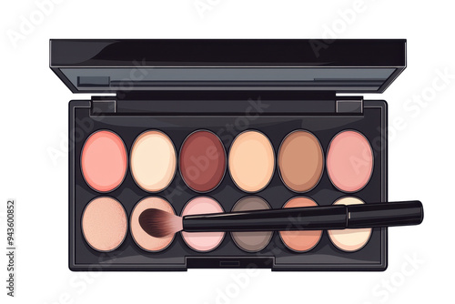 A sleek makeup palette featuring ten natural shades, ideal for creating stunning cosmetic looks with a blending brush. Isolated on transparent background. photo