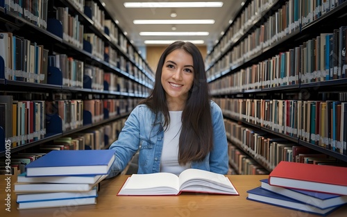 University Student Portrait in a Library, Focused on Studying and Research for Educational Course, Capturing Dedication to Learning and Academic Success