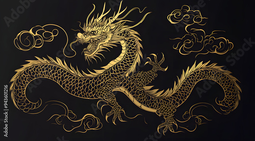 A Golden Dragon Vector Illustration on a Black Background, Exuding Majesty and Power, Perfect for Representing Strength, Prosperity, and Traditional Chinese Symbolism, Ideal for Use in Logos, Digital 