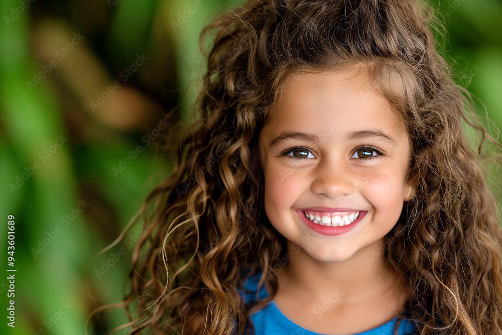 Portrait of Smiling Young Girl with Curly Hair Outdoors Portrait of Smiling Young Girl with Curly Hair Outdoors