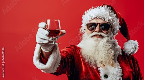 A festive figure in a Santa costume raises a glass, embodying holiday cheer and celebration. photo