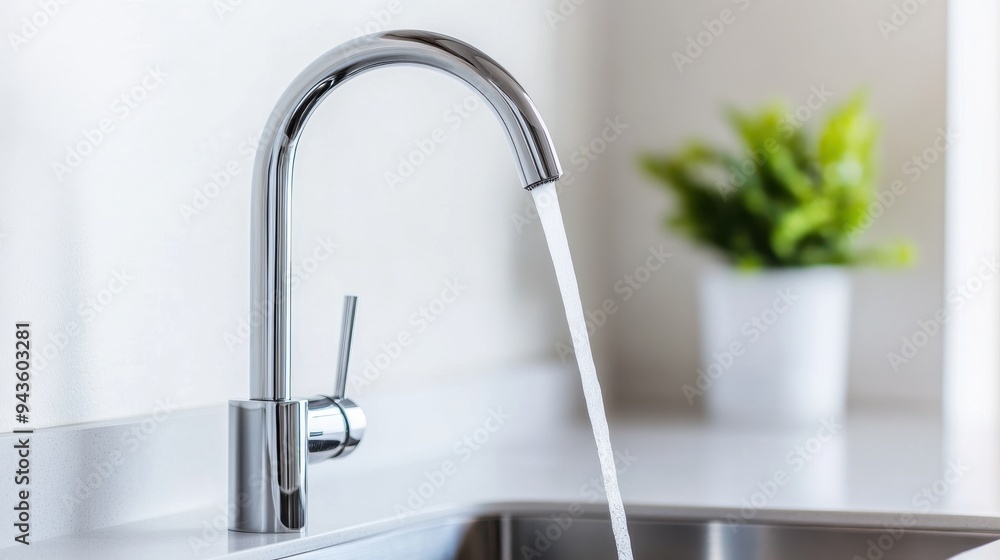 Modern kitchen faucet with water flowing, showcasing a sleek design and a minimalist style in a bright interior. Modern kitchen faucet with water flowing, showcasing a sleek design and a minimalist style in a bright interior.