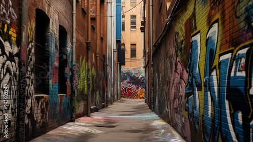 Urban Alleyway With Graffiti On Brick Walls