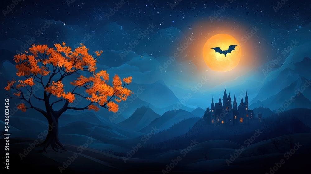 Vampire bat flying near Draculas castle, flat design illustration Vampire bat flying near Draculas castle, flat design illustration