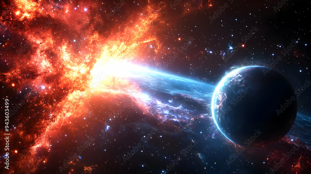Obraz premium A fiery nebula crashes into a planet in a stunning cosmic event.