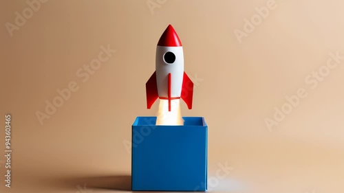 Toy rocket taking off from a box, startup, business and delivery concept.