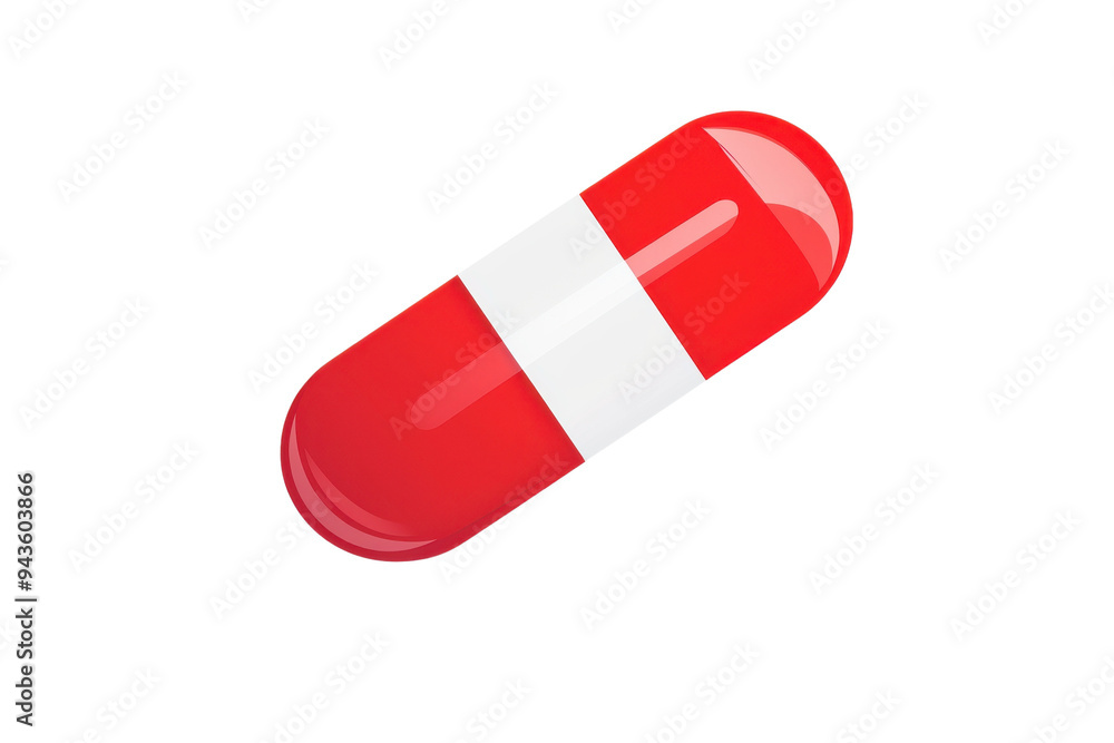 A vibrant red capsule with a white stripe, representing health and medicine in a simple, modern design. Isolated on transparent background. A vibrant red capsule with a white stripe, representing health and medicine in a simple, modern design. Isolated on transparent background.