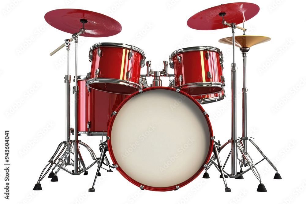 A vibrant red drum set featuring a bass drum, snare drum, toms, and cymbals, perfect for music enthusiasts and performance settings. Isolated on transparent background. A vibrant red drum set featuring a bass drum, snare drum, toms, and cymbals, perfect for music enthusiasts and performance settings. Isolated on transparent background.