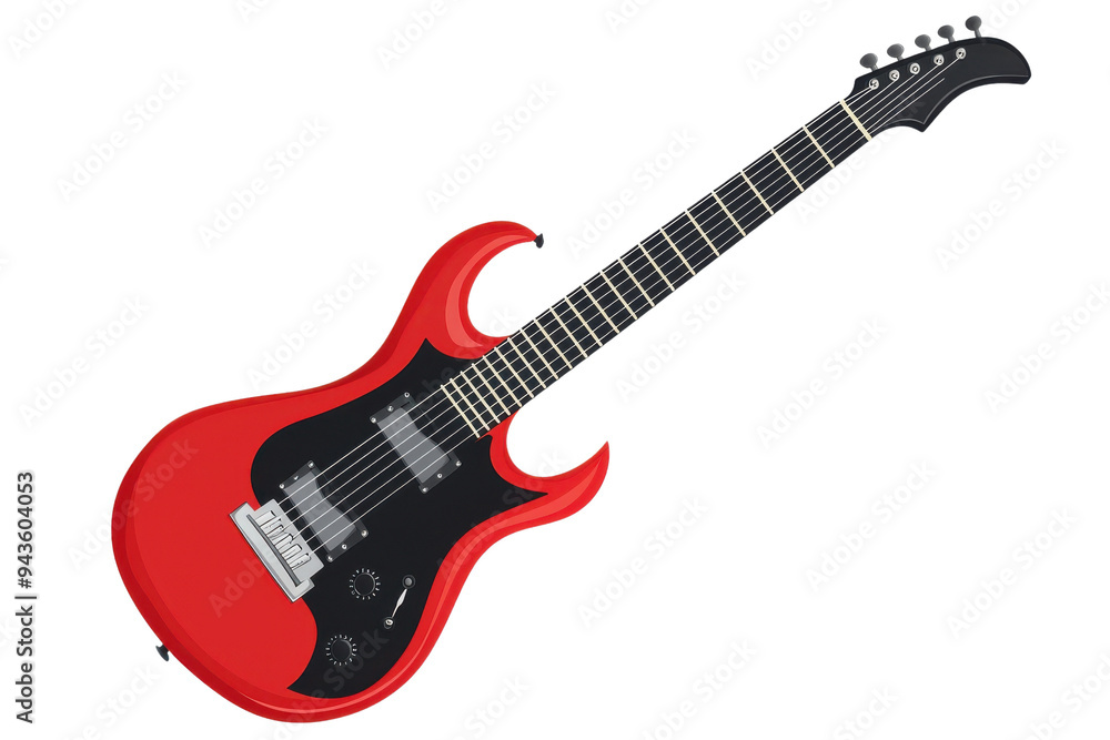 Obraz premium A vibrant red electric guitar featuring a sleek design and distinctive shape, perfect for rock music enthusiasts and musicians. Isolated on transparent background.