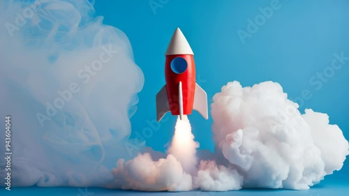 Toy rocket taking off with smoke, startup and business concept.