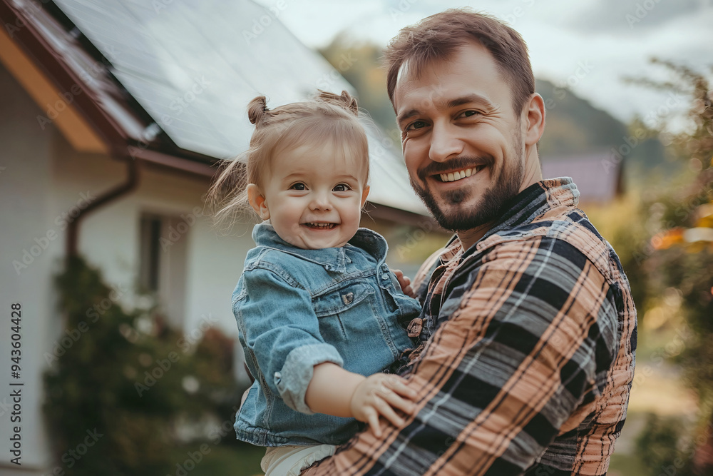 Fototapeta premium Dad Holding Daughter, Showing House with Solar Panels.