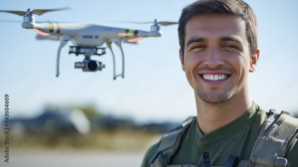 Smiling drone pilot operator at a sunny outdoor location ready to take flight Smiling drone pilot operator at a sunny outdoor location ready to take flight