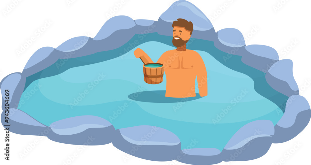 Man is enjoying the benefits of cold therapy in a natural ice bath, holding a wooden bucket Man is enjoying the benefits of cold therapy in a natural ice bath, holding a wooden bucket