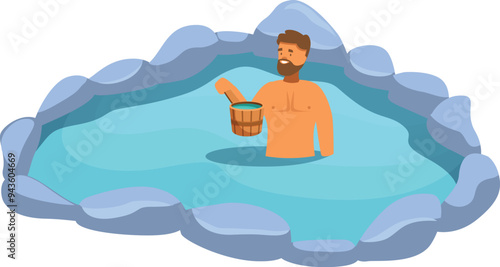 Man is enjoying the benefits of cold therapy in a natural ice bath, holding a wooden bucket
