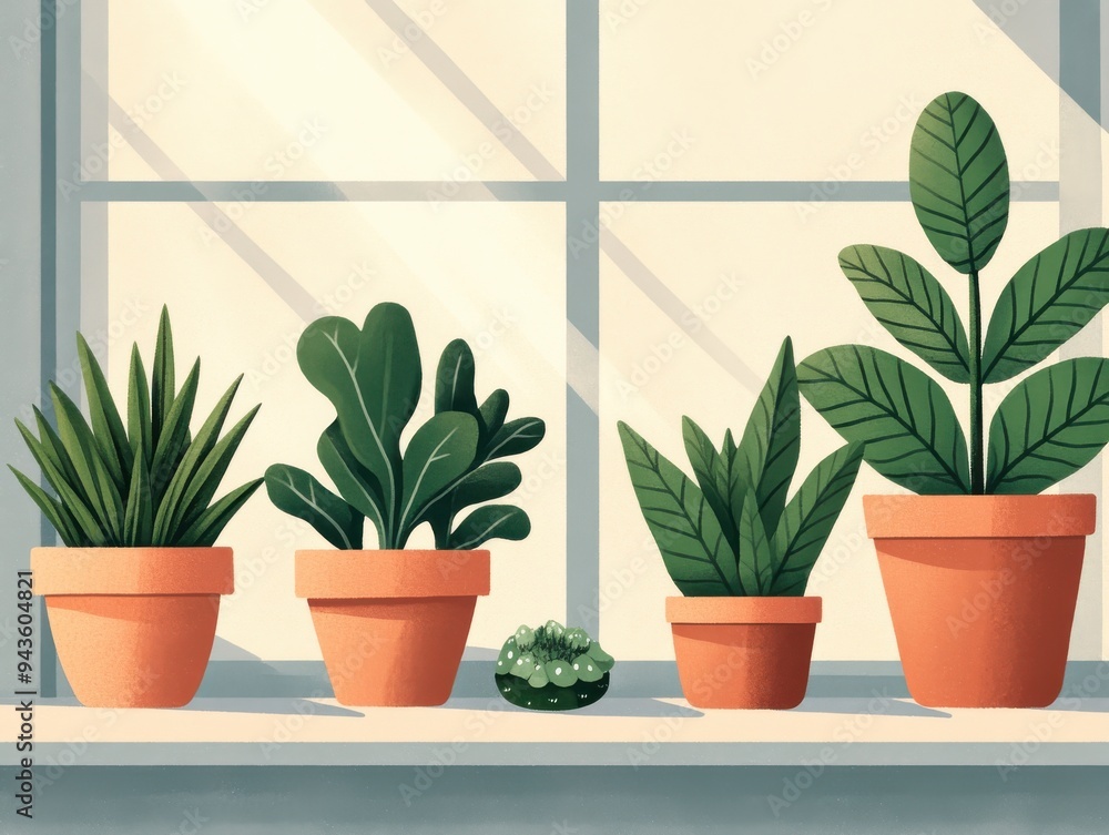 A vibrant display of potted plants on a windowsill, bringing freshness and greenery into any space. A vibrant display of potted plants on a windowsill, bringing freshness and greenery into any space.