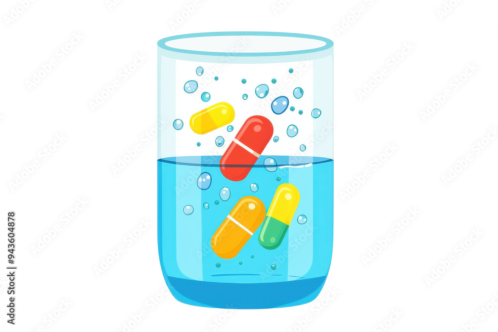 Bright colored capsules dissolve in a glass of water, illustrating medication and health concepts in a vibrant and engaging way. Isolated on transparent background. Bright colored capsules dissolve in a glass of water, illustrating medication and health concepts in a vibrant and engaging way. Isolated on transparent background.