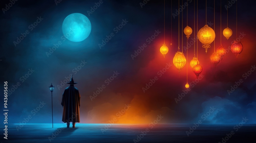 Fototapeta premium Dracula and gothic chandelier, shadows playing, flat design illustration