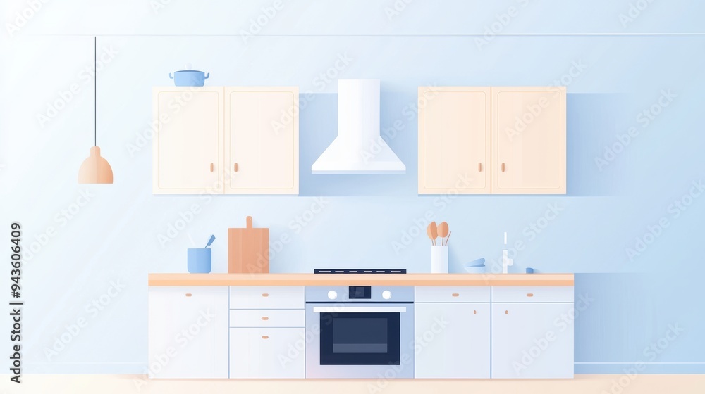 Streamlined kitchen setup flat design top view practical design theme animation colored pastel Streamlined kitchen setup flat design top view practical design theme animation colored pastel