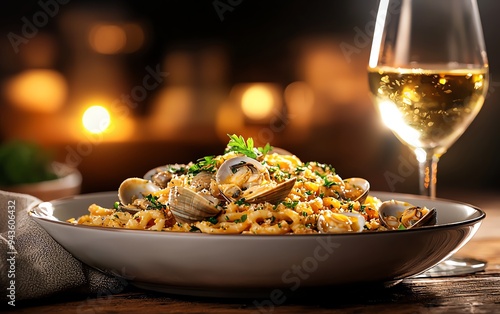 A beautifully arranged plate of Fregola con Arselle photo