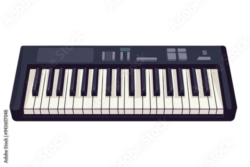 Illustration of a synthesizer keyboard with black and white keys, perfect for music-themed projects and designs. Isolated on transparent background.