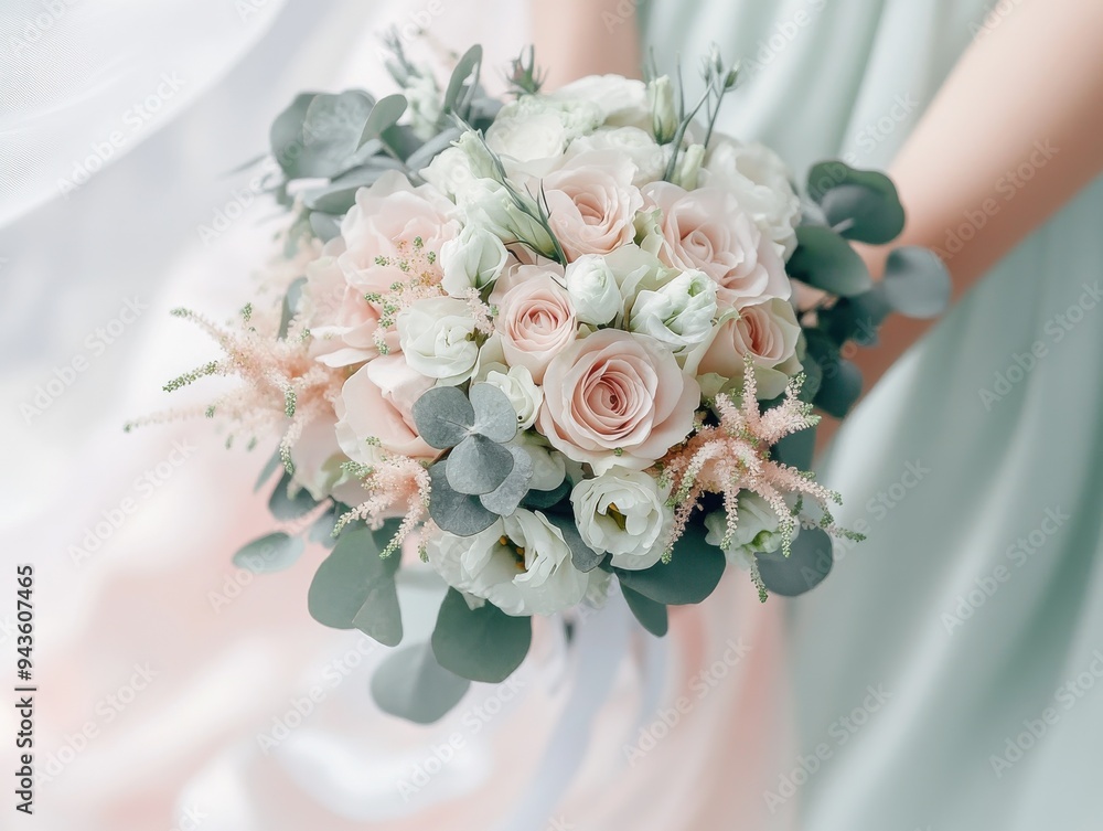 A beautiful bridal bouquet featuring soft roses, delicate greenery, and elegant accents, perfect for weddings or romantic occasions. A beautiful bridal bouquet featuring soft roses, delicate greenery, and elegant accents, perfect for weddings or romantic occasions.